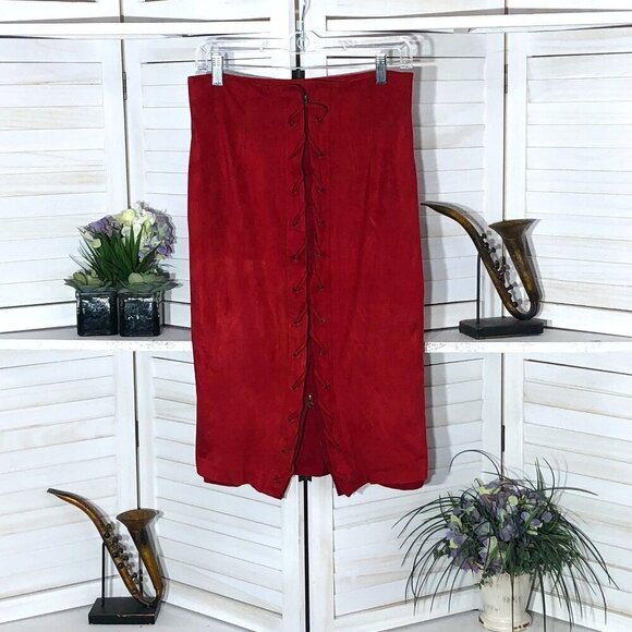 Eva Mendes Faux Suede Red Pencil Skirt Size 4 - Picture 1 of 8